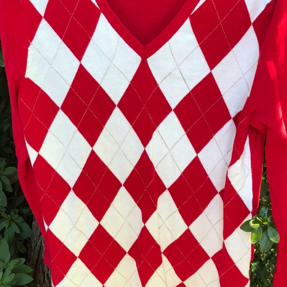 Tommy Hilfiger Red White Metallic Gold Argyle V-Neck Sweater L Large Women’s - Picture 2 of 13
